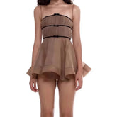 Brown Mesh Strap Mini Flare Dress